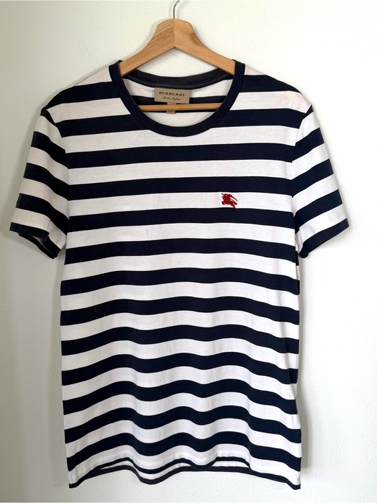 Burberry Tops - Burberry London Signature Logo Stripe Navy White Cotton T-Shirt Women’s Large